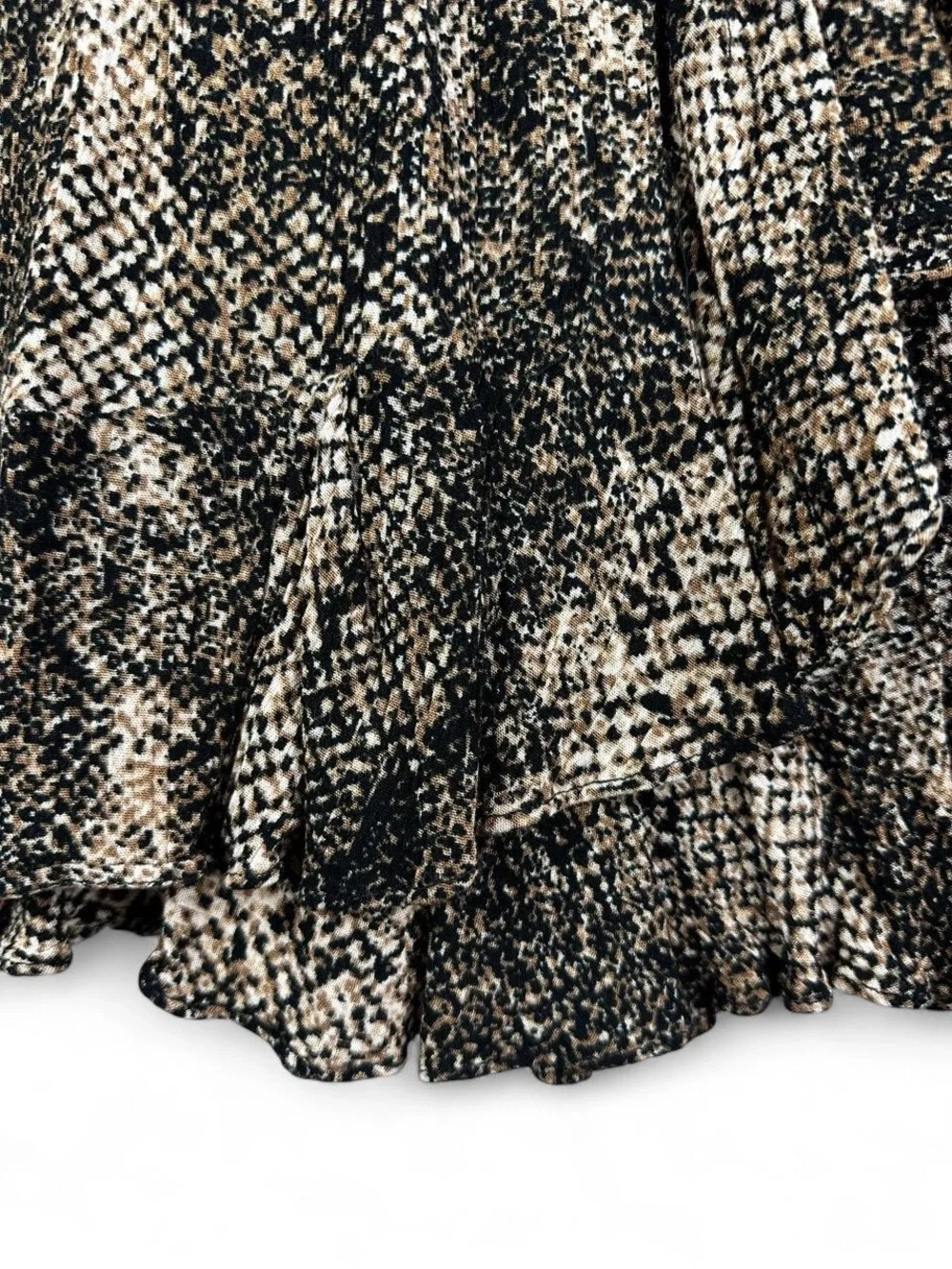 Scully black and beige snake print polyester mini skirt with ruffle hem